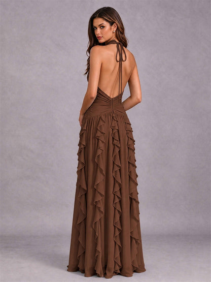 A-Line Halter Neck Ruffle Pleated Floor-Length Chiffon Evening Dress