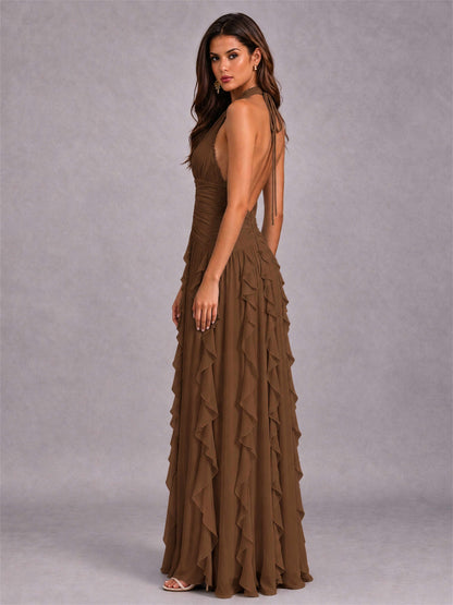 A-Line Halter Neck Ruffle Pleated Floor-Length Chiffon Evening Dress