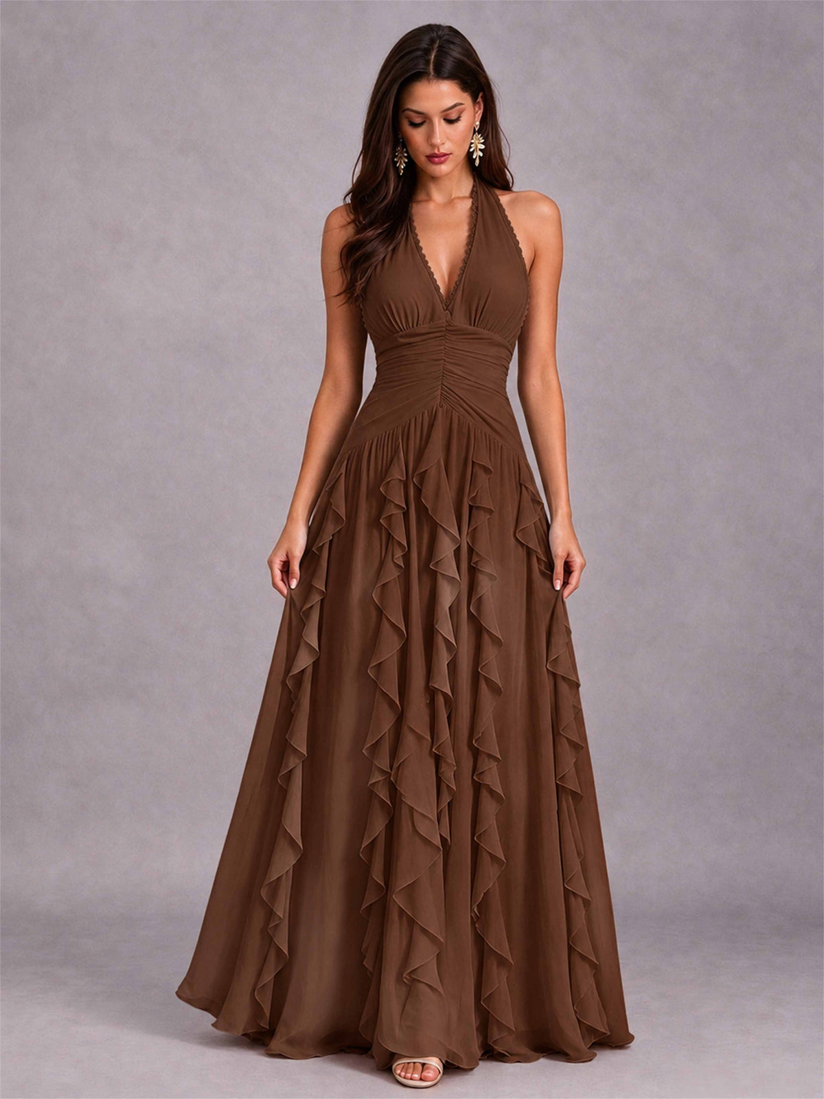 A-Line Halter Neck Ruffle Pleated Floor-Length Chiffon Evening Dress