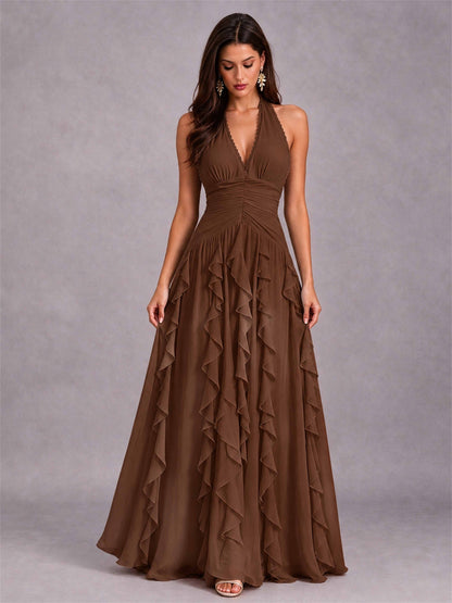 A-Line Halter Neck Ruffle Pleated Floor-Length Chiffon Evening Dress