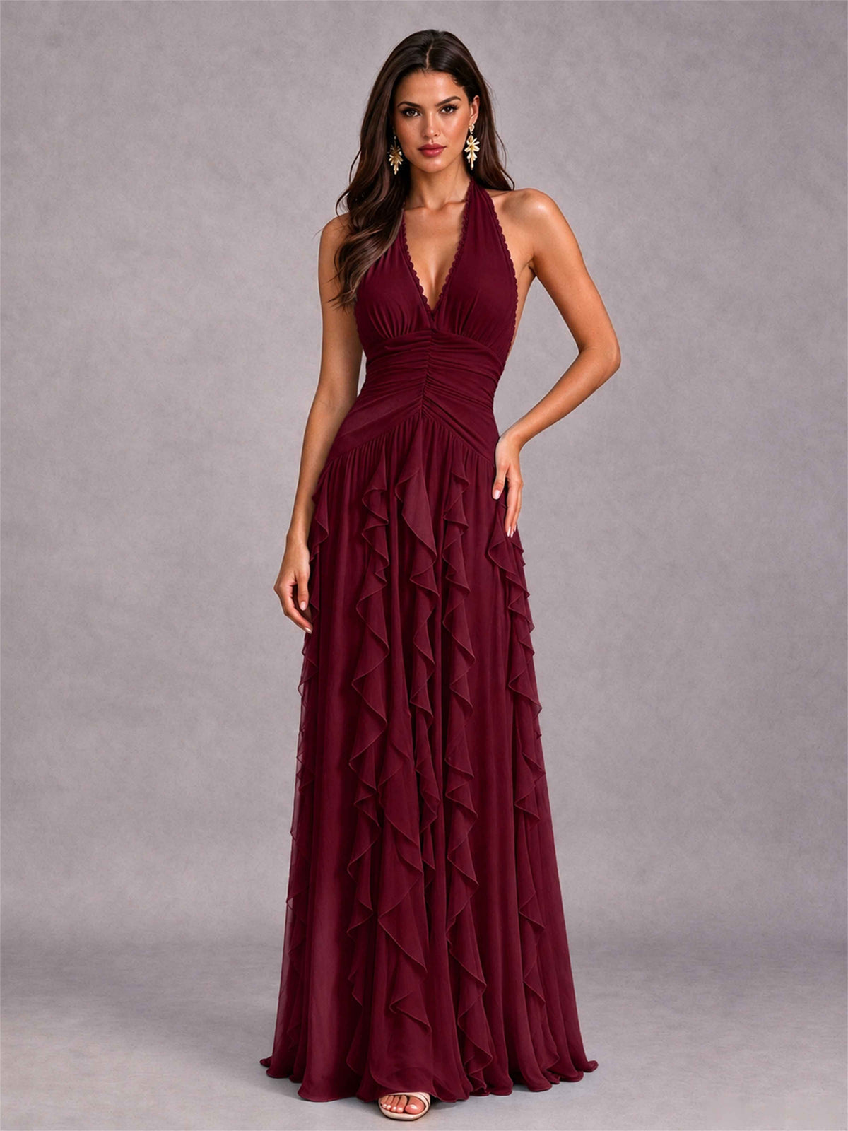 A-Line Halter Neck Ruffle Pleated Floor-Length Chiffon Evening Dress