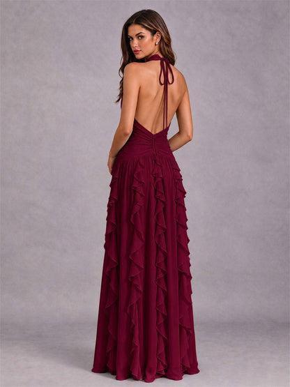 A-Line Halter Neck Ruffle Pleated Floor-Length Chiffon Evening Dress