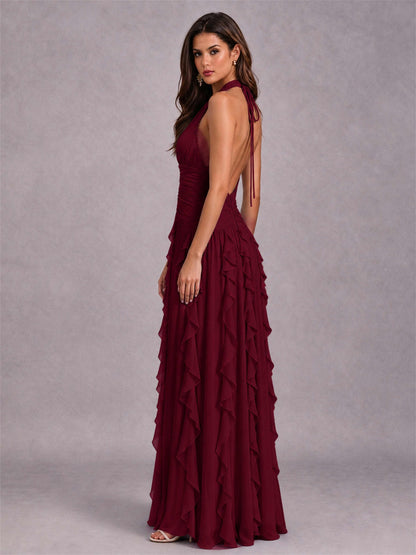 A-Line Halter Neck Ruffle Pleated Floor-Length Chiffon Evening Dress