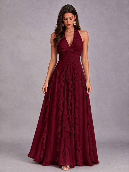 A-Line Halter Neck Ruffle Pleated Floor-Length Chiffon Evening Dress