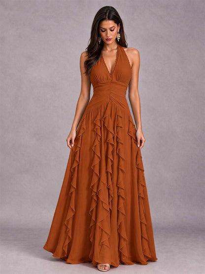 A-Line Halter Neck Ruffle Pleated Floor-Length Chiffon Evening Dress