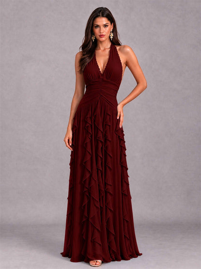 A-Line Halter Neck Ruffle Pleated Floor-Length Chiffon Evening Dress