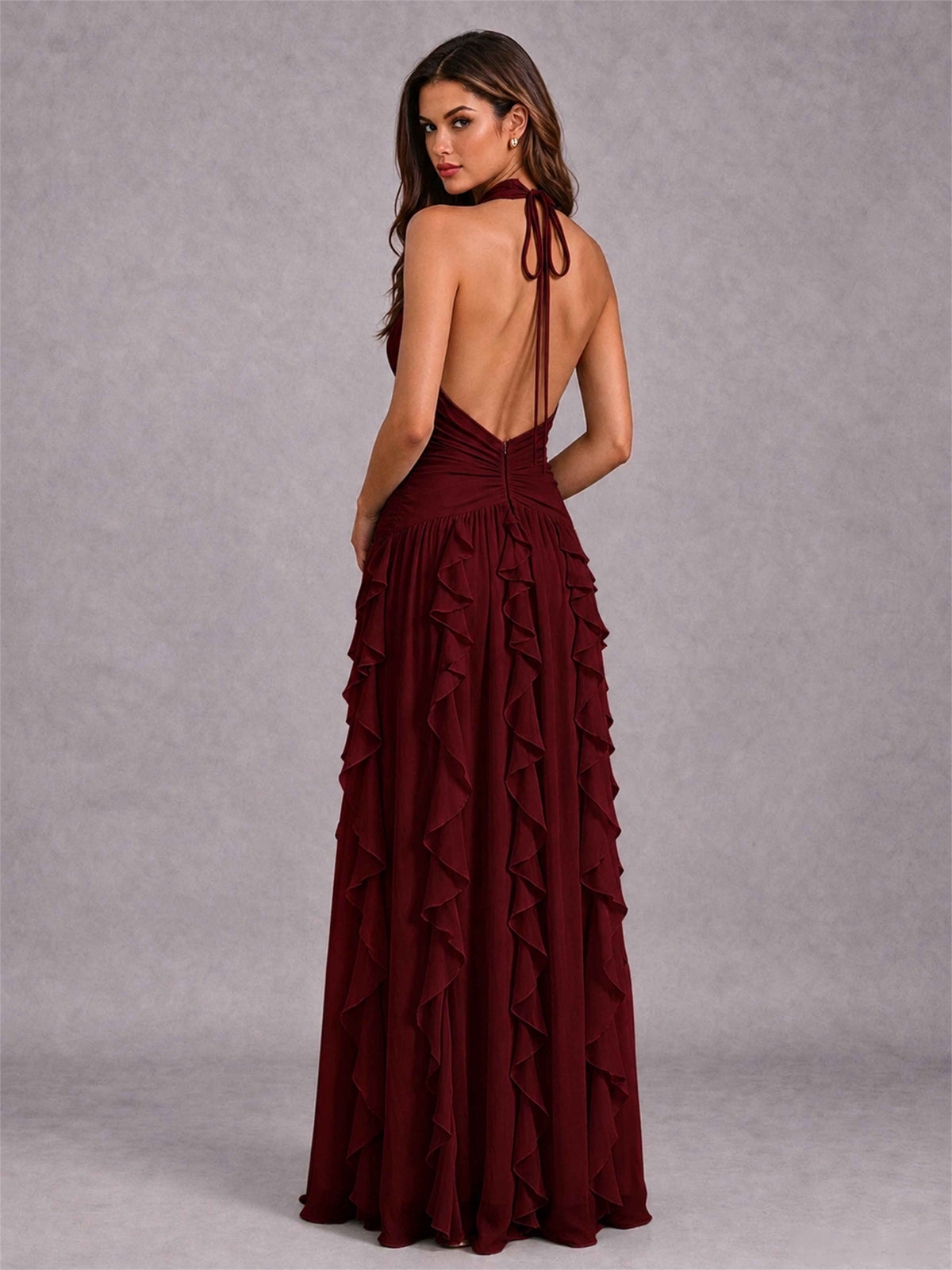 A-Line Halter Neck Ruffle Pleated Floor-Length Chiffon Evening Dress