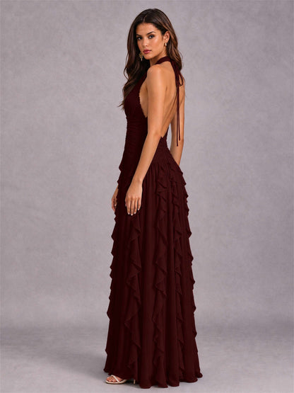 A-Line Halter Neck Ruffle Pleated Floor-Length Chiffon Evening Dress