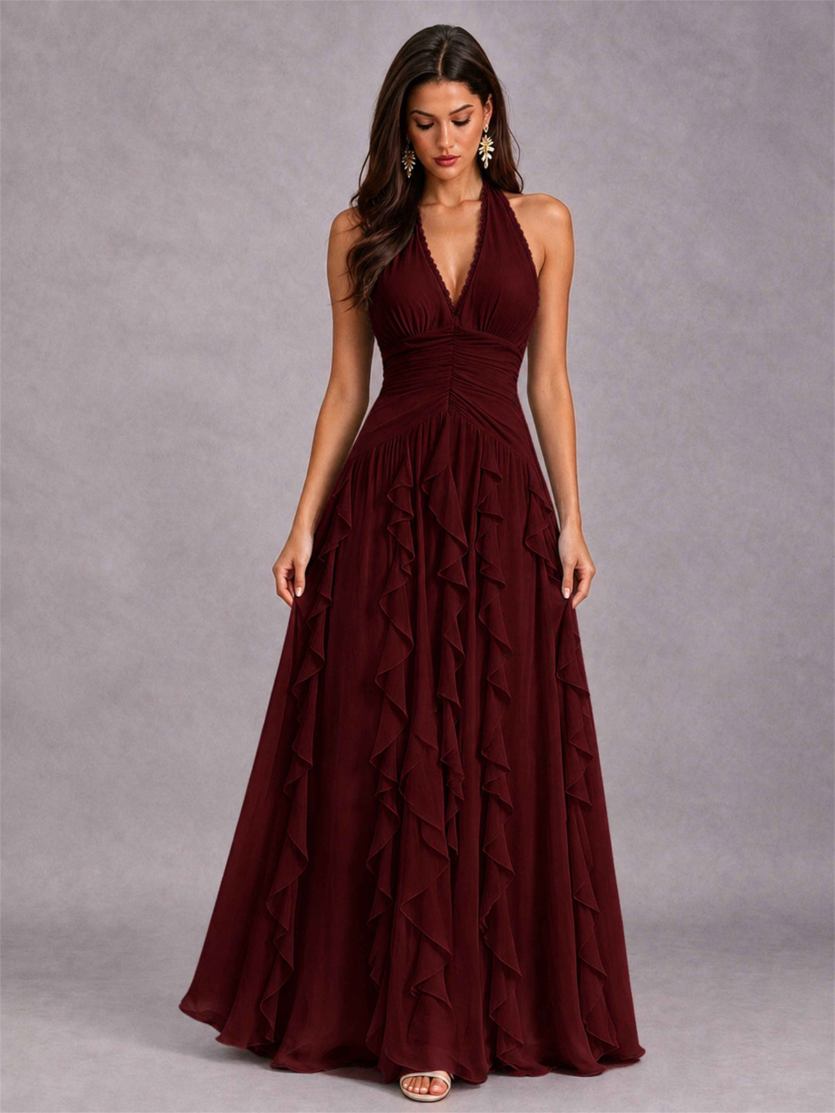 A-Line Halter Neck Ruffle Pleated Floor-Length Chiffon Evening Dress