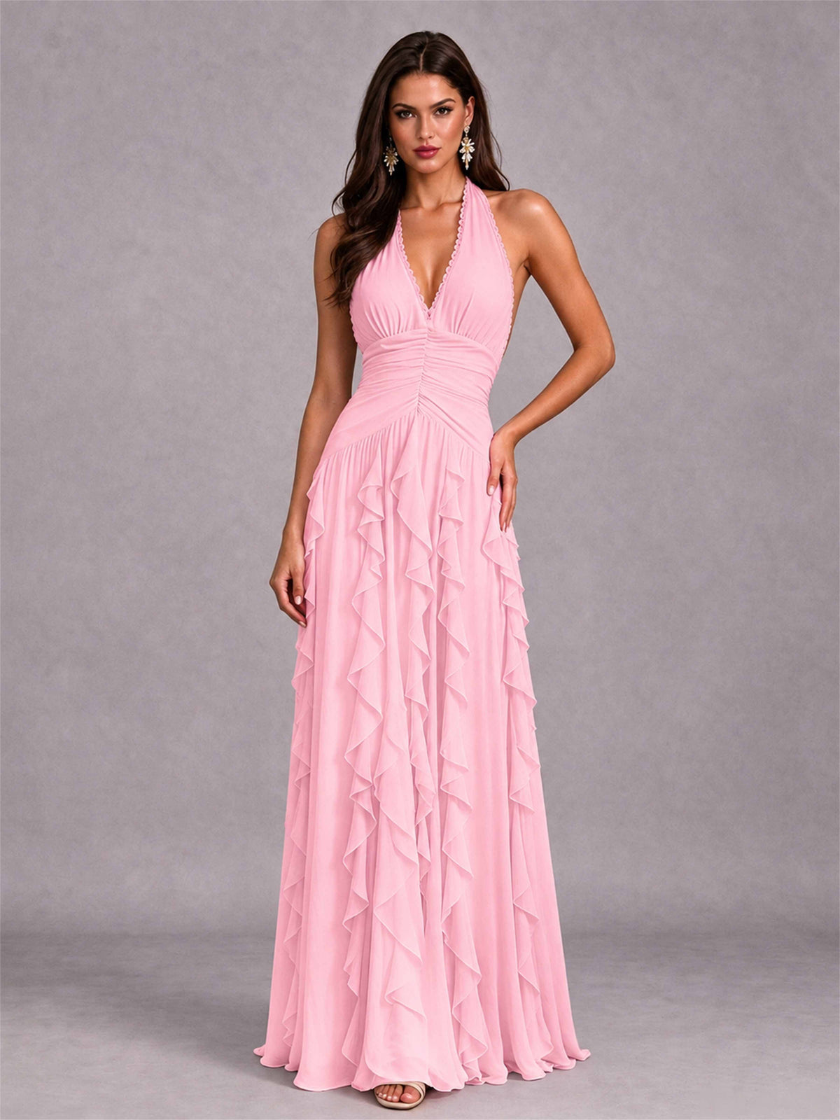 A-Line Halter Neck Ruffle Pleated Floor-Length Chiffon Evening Dress