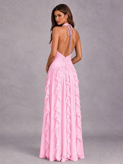 A-Line Halter Neck Ruffle Pleated Floor-Length Chiffon Evening Dress