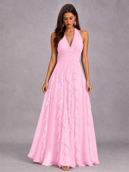 A-Line Halter Neck Ruffle Pleated Floor-Length Chiffon Evening Dress