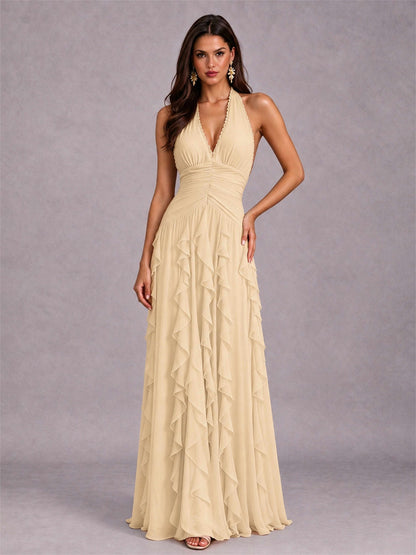 A-Line Halter Neck Ruffle Pleated Floor-Length Chiffon Evening Dress