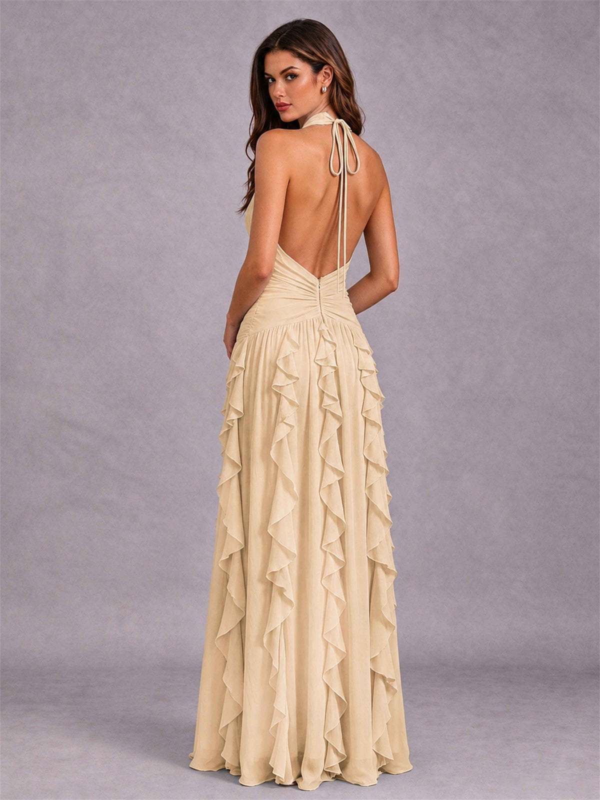 A-Line Halter Neck Ruffle Pleated Floor-Length Chiffon Evening Dress