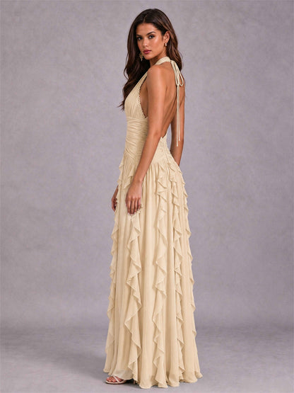 A-Line Halter Neck Ruffle Pleated Floor-Length Chiffon Evening Dress