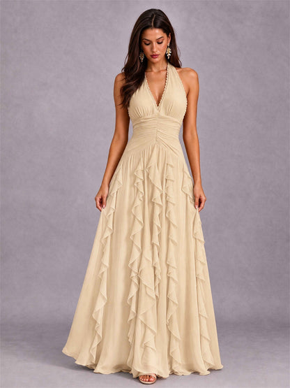 A-Line Halter Neck Ruffle Pleated Floor-Length Chiffon Evening Dress