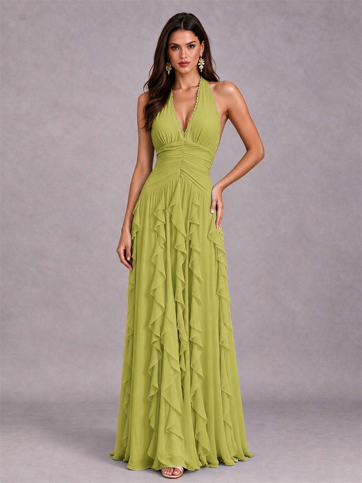 A-Line Halter Neck Ruffle Pleated Floor-Length Chiffon Evening Dress