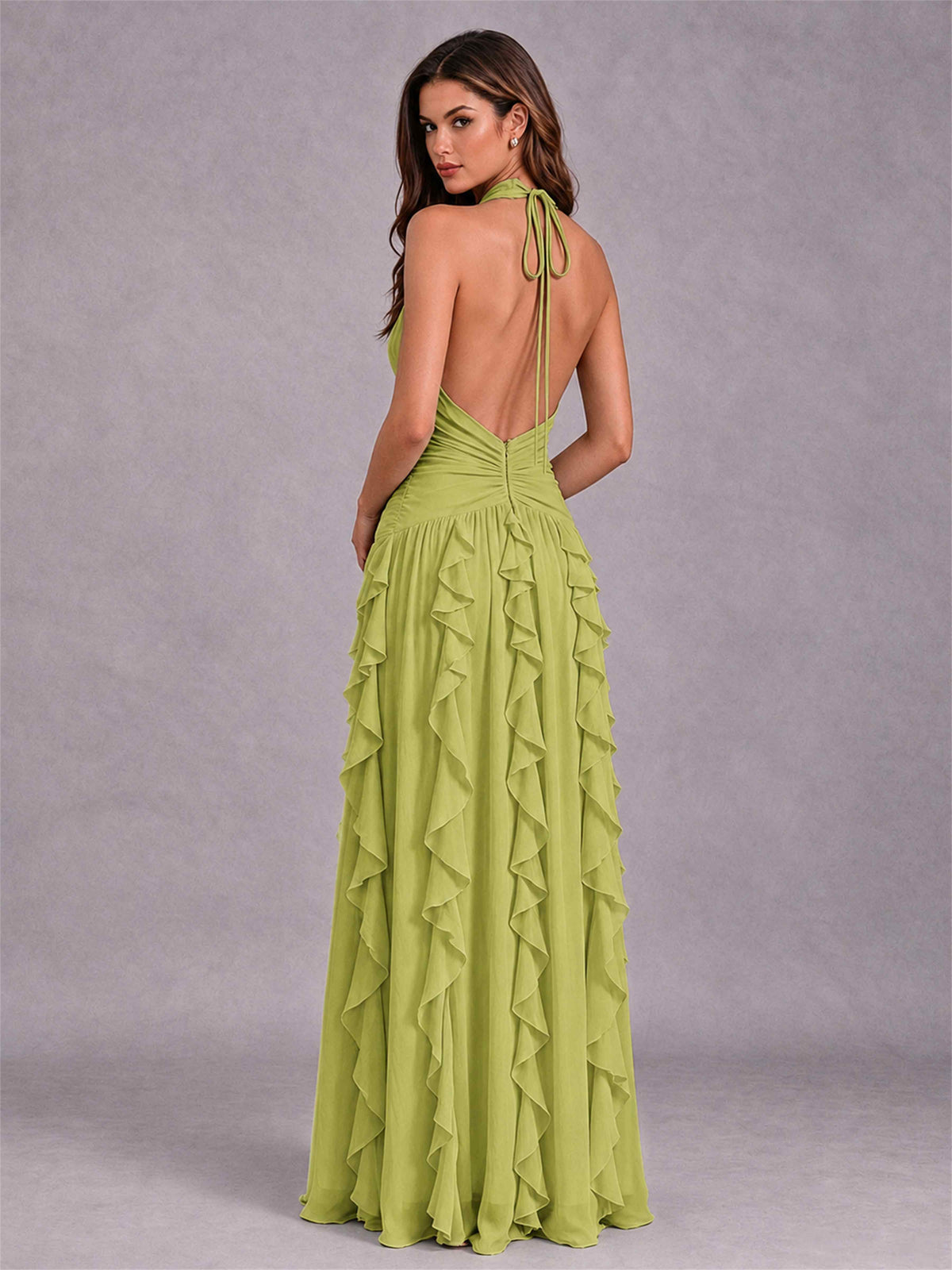 A-Line Halter Neck Ruffle Pleated Floor-Length Chiffon Evening Dress
