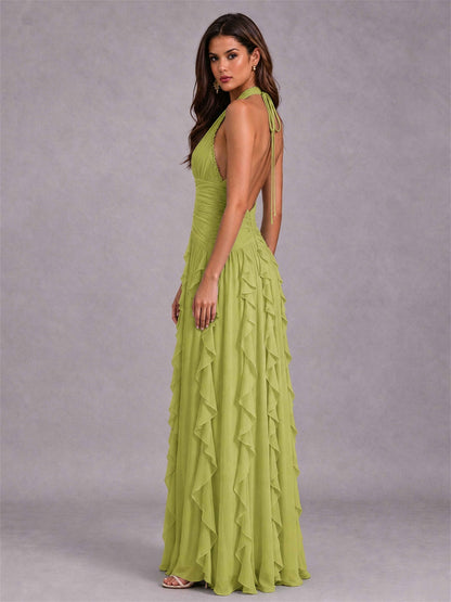 A-Line Halter Neck Ruffle Pleated Floor-Length Chiffon Evening Dress