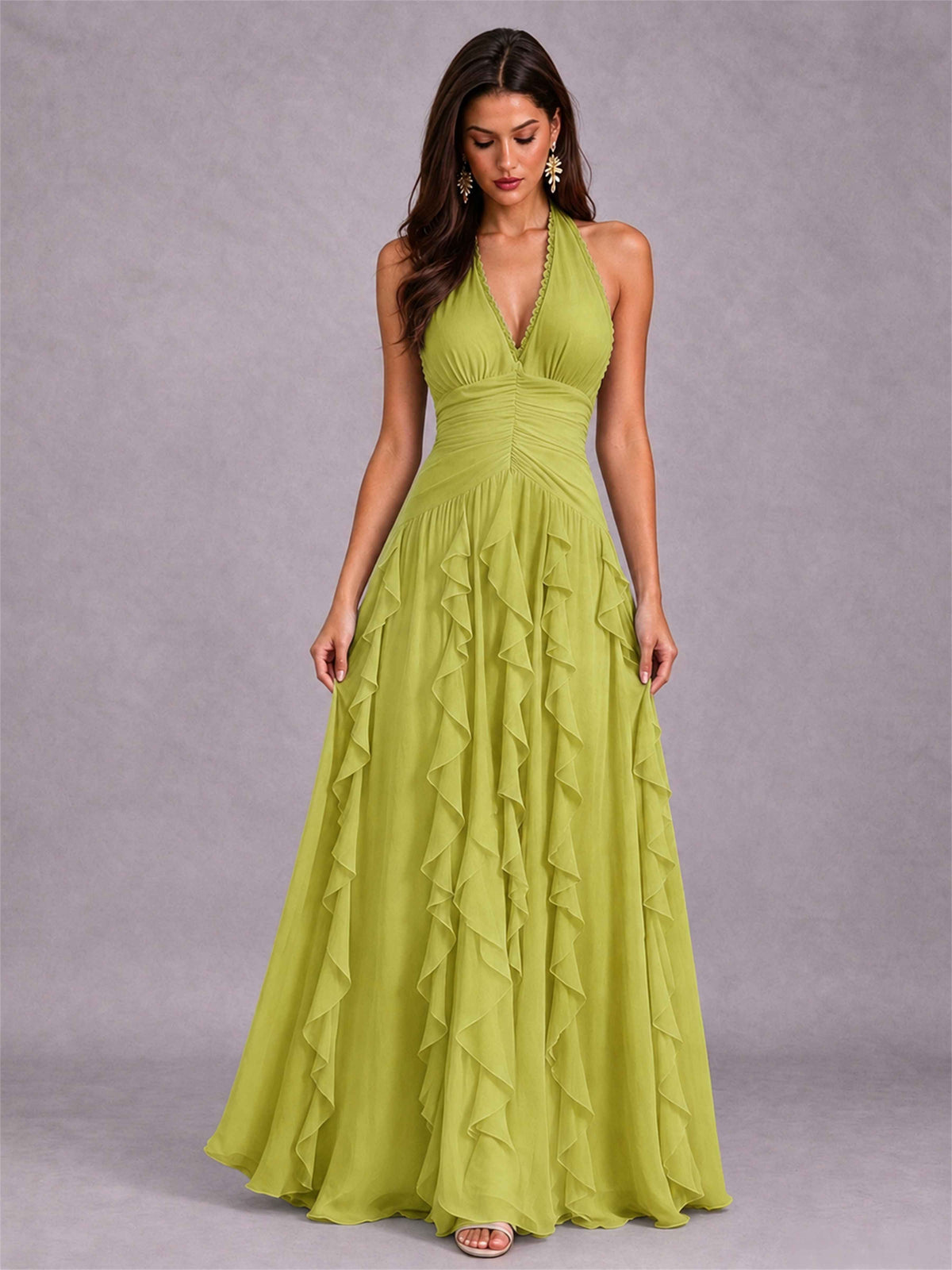 A-Line Halter Neck Ruffle Pleated Floor-Length Chiffon Evening Dress