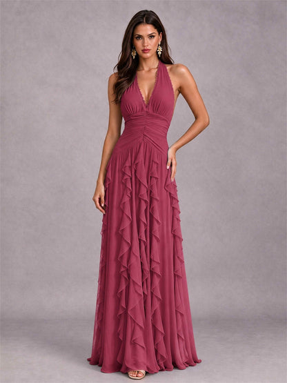 A-Line Halter Neck Ruffle Pleated Floor-Length Chiffon Evening Dress