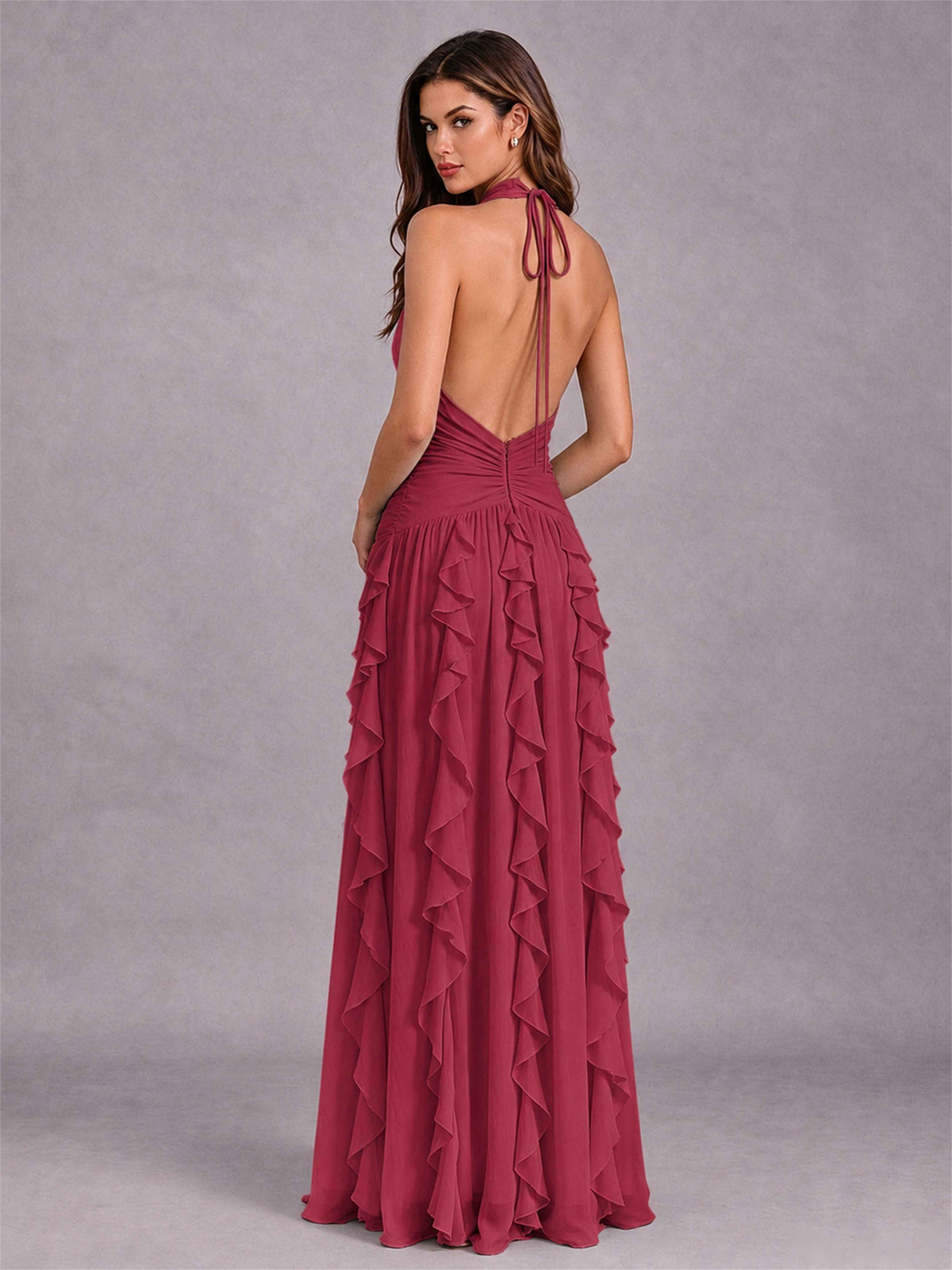 A-Line Halter Neck Ruffle Pleated Floor-Length Chiffon Evening Dress