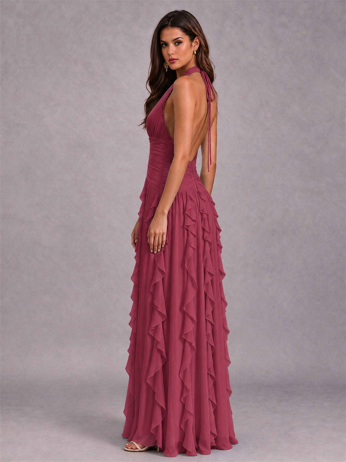 A-Line Halter Neck Ruffle Pleated Floor-Length Chiffon Evening Dress
