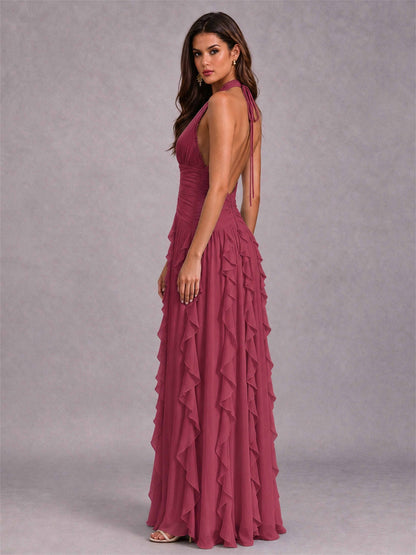 A-Line Halter Neck Ruffle Pleated Floor-Length Chiffon Evening Dress