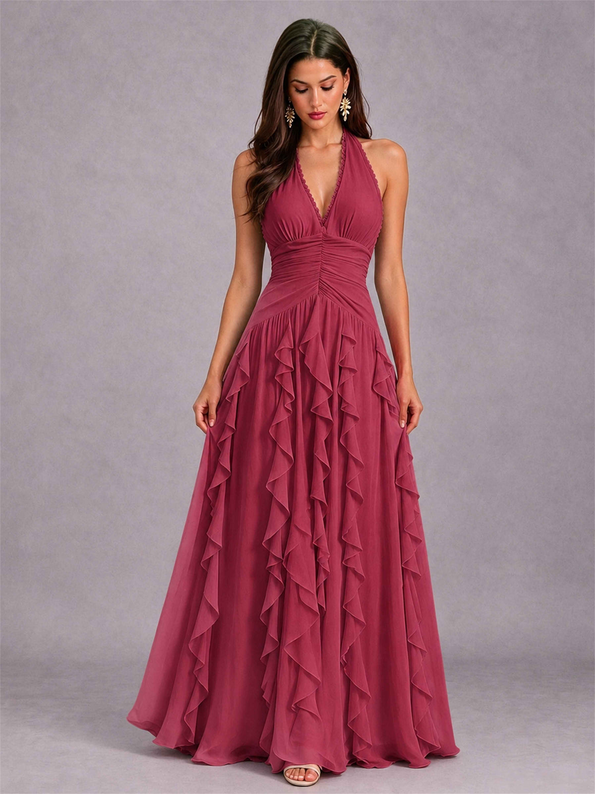 A-Line Halter Neck Ruffle Pleated Floor-Length Chiffon Evening Dress