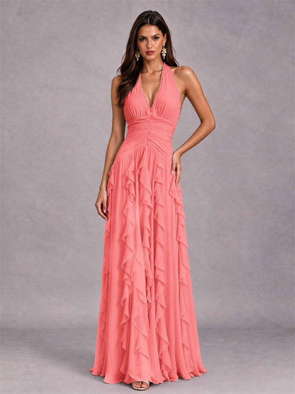 A-Line Halter Neck Ruffle Pleated Floor-Length Chiffon Evening Dress