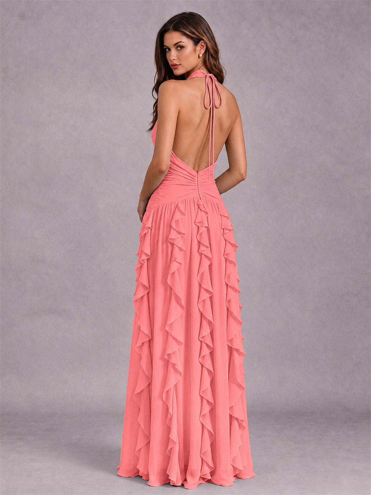 A-Line Halter Neck Ruffle Pleated Floor-Length Chiffon Evening Dress