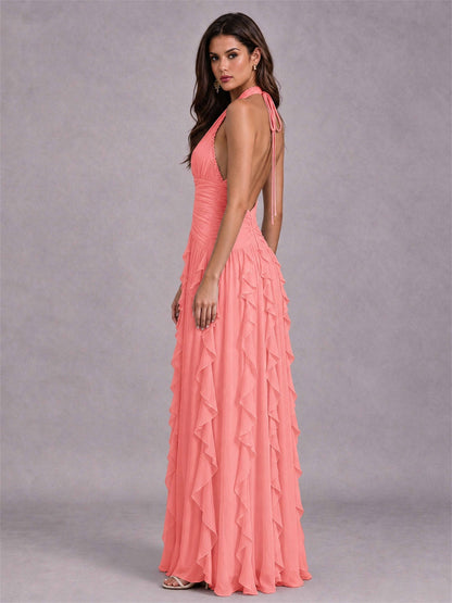 A-Line Halter Neck Ruffle Pleated Floor-Length Chiffon Evening Dress