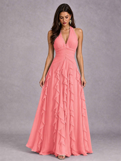 A-Line Halter Neck Ruffle Pleated Floor-Length Chiffon Evening Dress