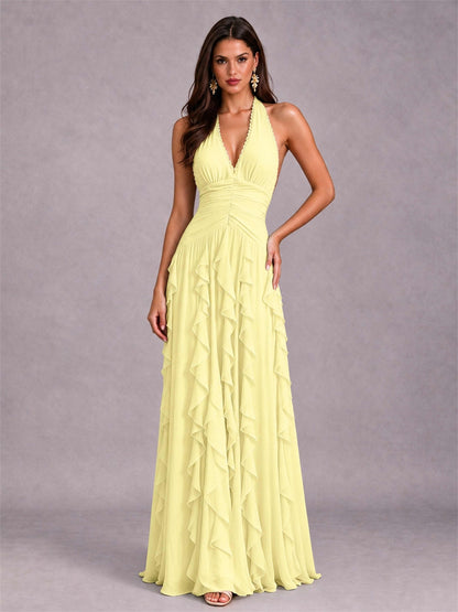 A-Line Halter Neck Ruffle Pleated Floor-Length Chiffon Evening Dress