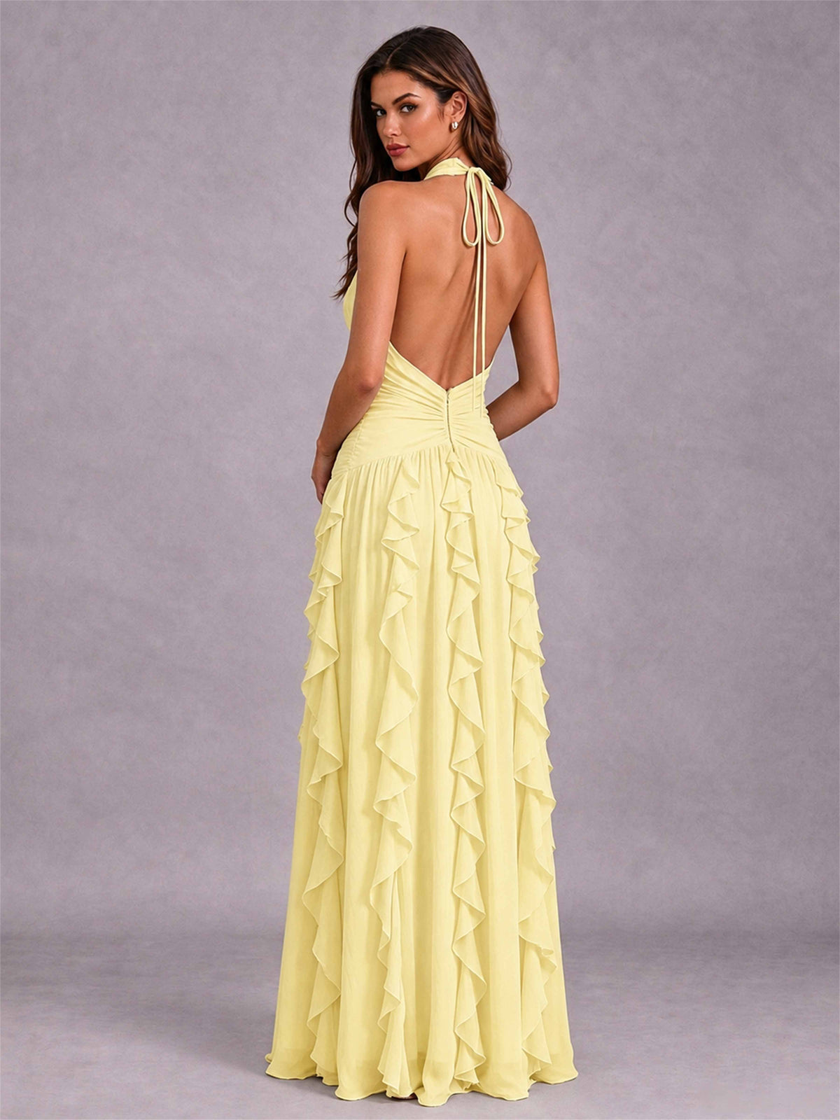 A-Line Halter Neck Ruffle Pleated Floor-Length Chiffon Evening Dress