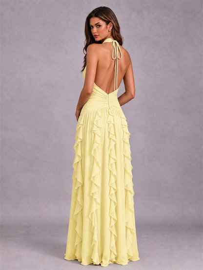 A-Line Halter Neck Ruffle Pleated Floor-Length Chiffon Evening Dress