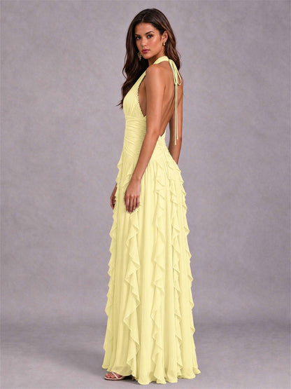 A-Line Halter Neck Ruffle Pleated Floor-Length Chiffon Evening Dress