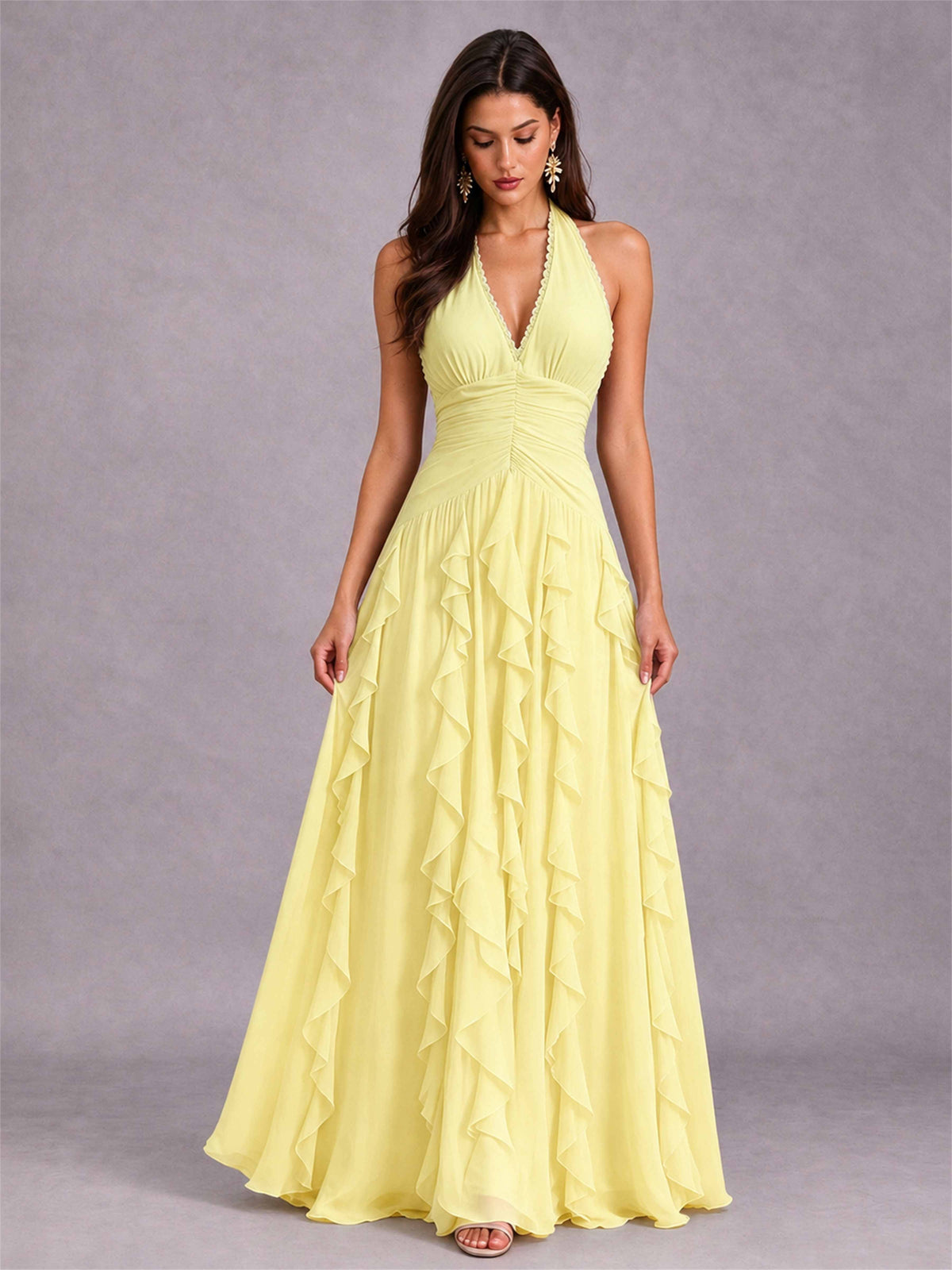 A-Line Halter Neck Ruffle Pleated Floor-Length Chiffon Evening Dress