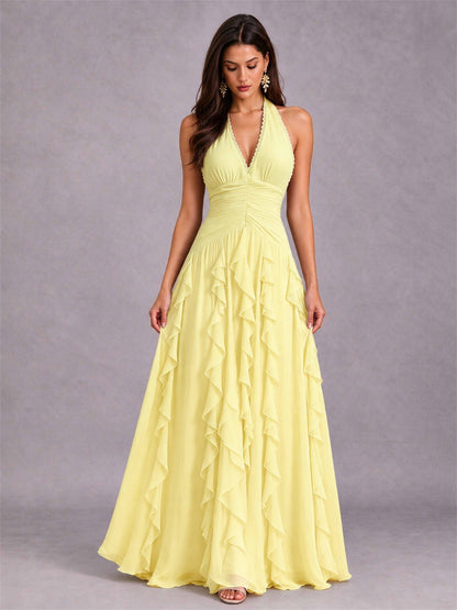 A-Line Halter Neck Ruffle Pleated Floor-Length Chiffon Evening Dress