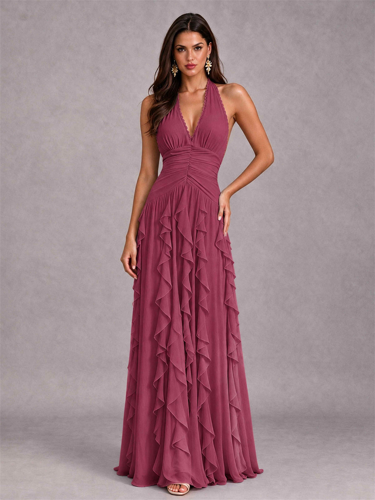 A-Line Halter Neck Ruffle Pleated Floor-Length Chiffon Evening Dress