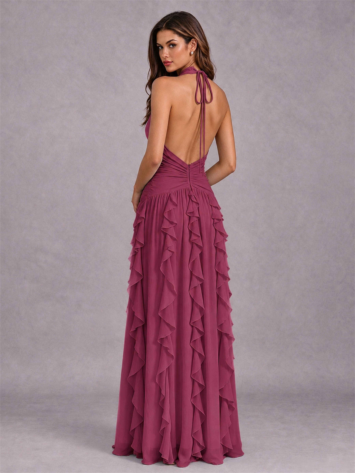 A-Line Halter Neck Ruffle Pleated Floor-Length Chiffon Evening Dress