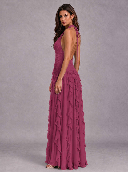 A-Line Halter Neck Ruffle Pleated Floor-Length Chiffon Evening Dress