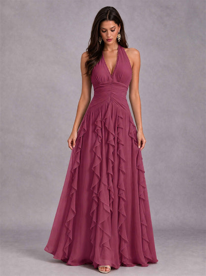 A-Line Halter Neck Ruffle Pleated Floor-Length Chiffon Evening Dress