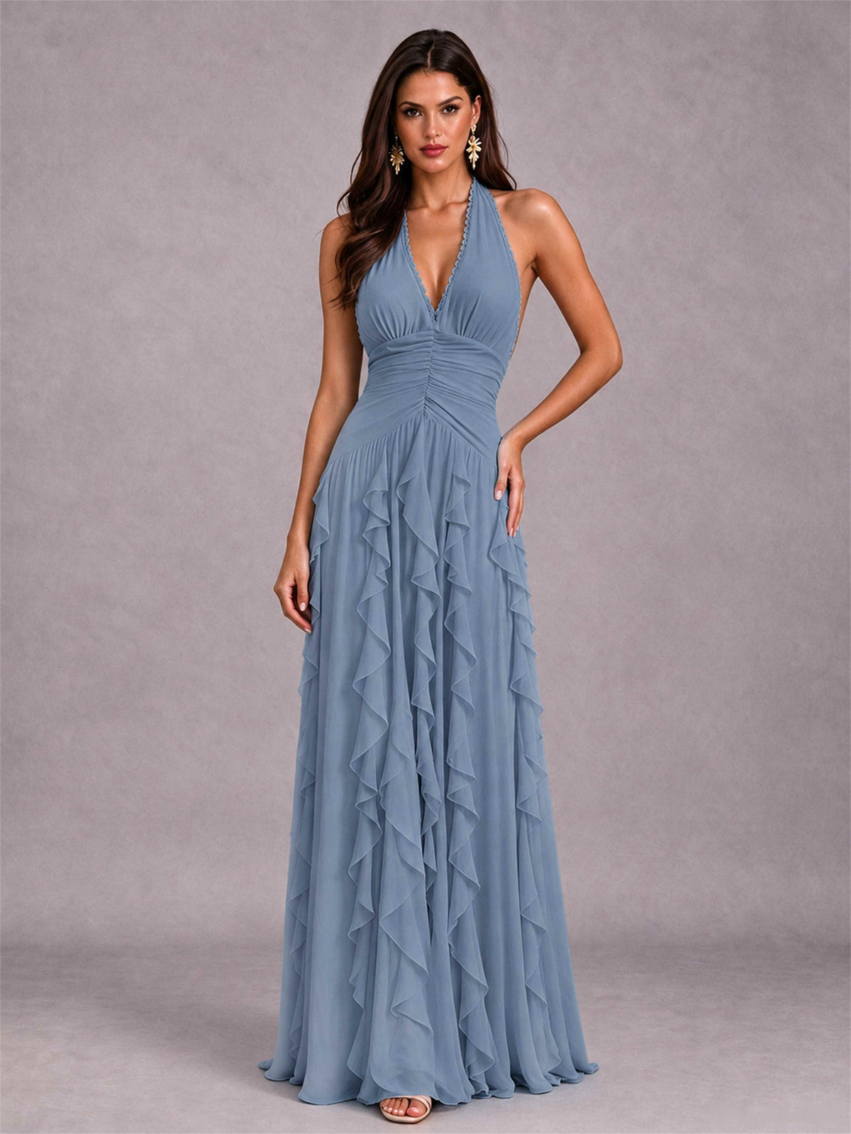 A-Line Halter Neck Ruffle Pleated Floor-Length Chiffon Evening Dress