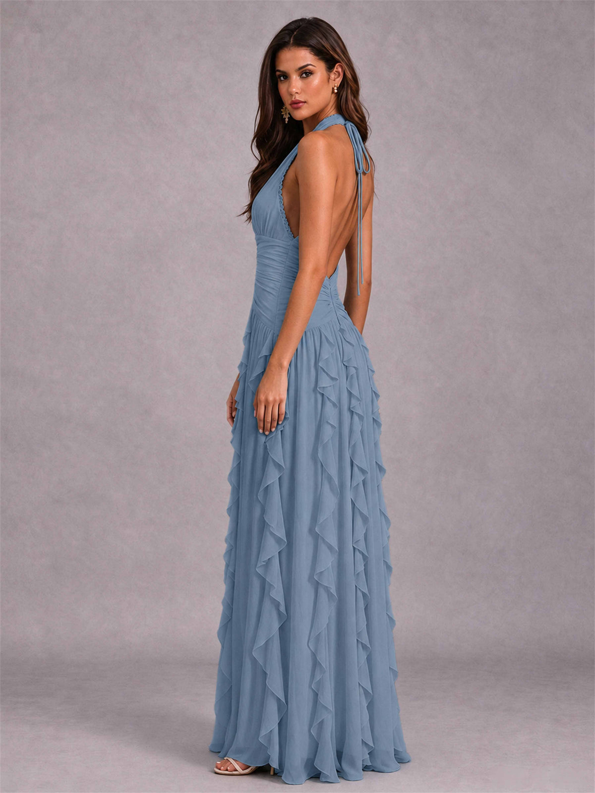 A-Line Halter Neck Ruffle Pleated Floor-Length Chiffon Evening Dress