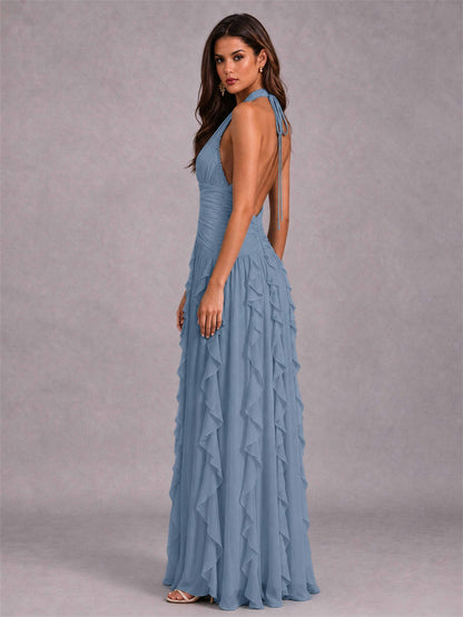 A-Line Halter Neck Ruffle Pleated Floor-Length Chiffon Evening Dress