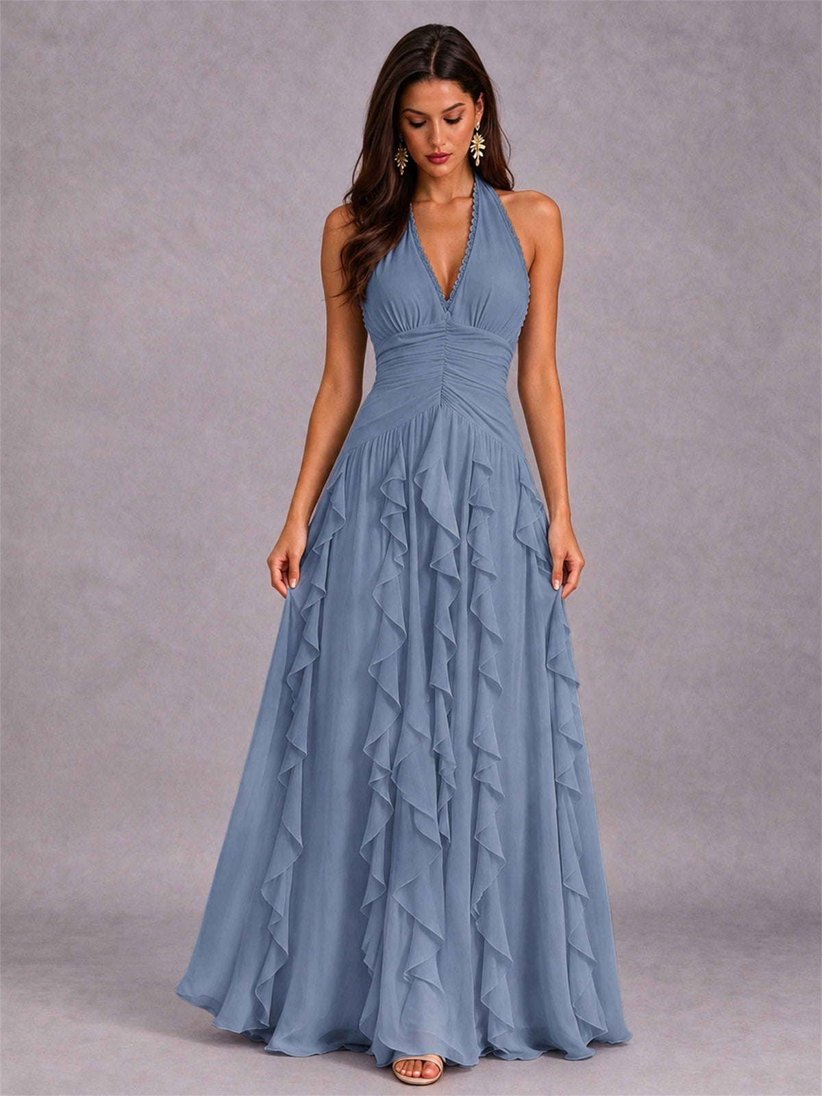 A-Line Halter Neck Ruffle Pleated Floor-Length Chiffon Evening Dress