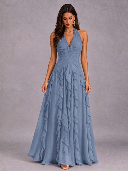 A-Line Halter Neck Ruffle Pleated Floor-Length Chiffon Evening Dress