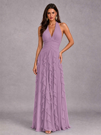 A-Line Halter Neck Ruffle Pleated Floor-Length Chiffon Evening Dress