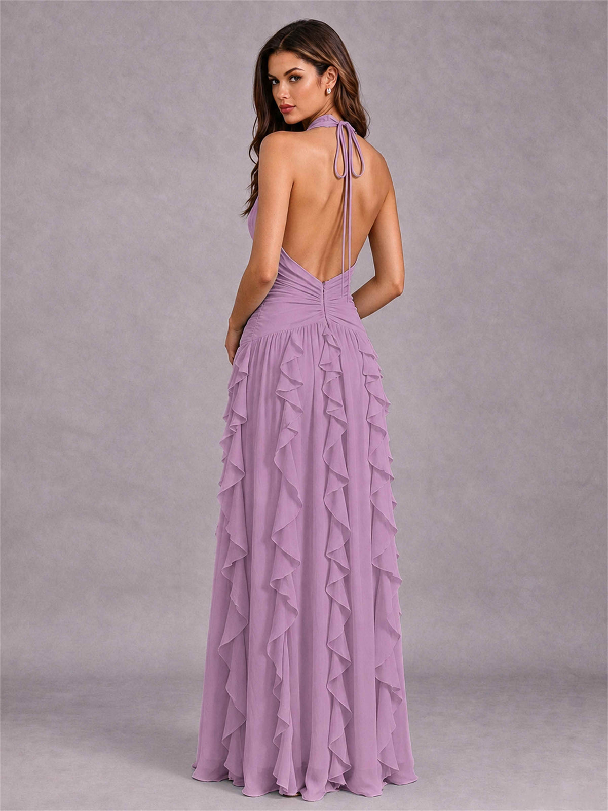A-Line Halter Neck Ruffle Pleated Floor-Length Chiffon Evening Dress